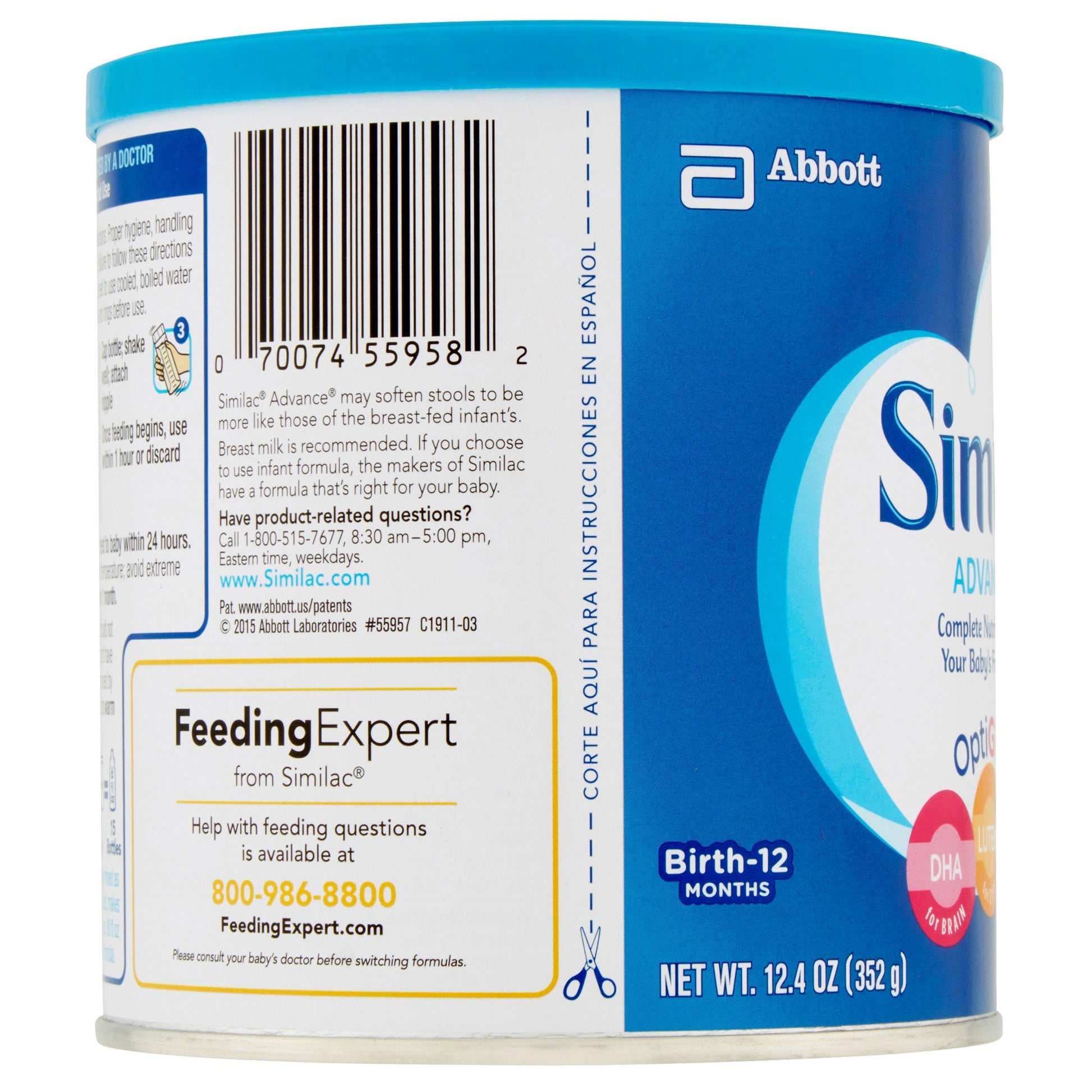 Similac baby formula canister with Abbott branding on a white background