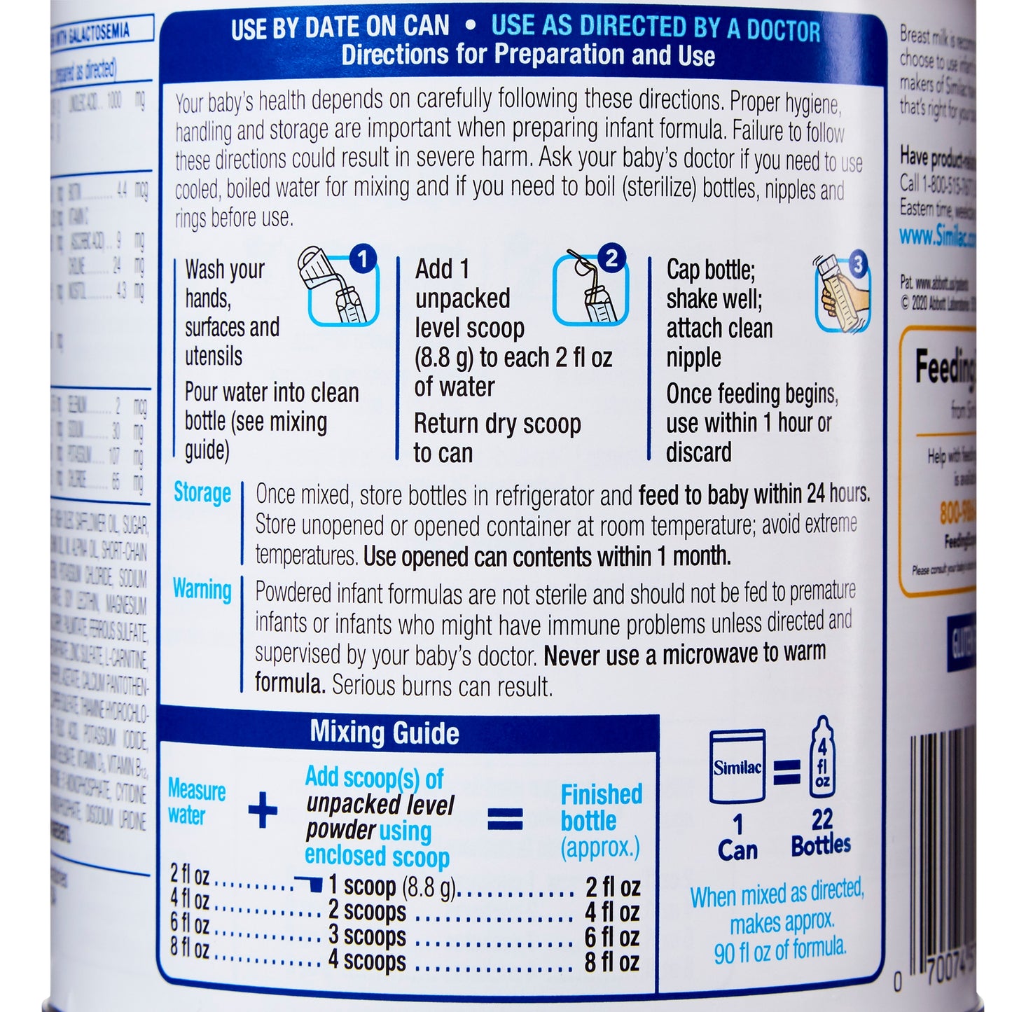 Baby formula can with detailed instructions and mixing guide on a white background