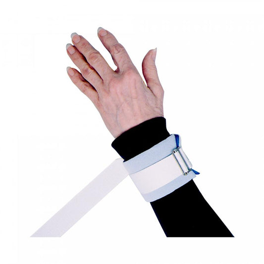 Hand wearing a black sleeve with a white and blue bandage on a white background