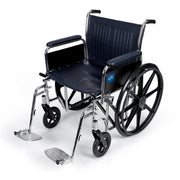Wheelchair with black seat and wheels on a white background