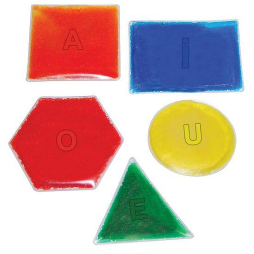 Colorful letter blocks spelling 'A I O U E' on a white background