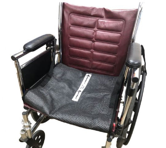 Wheelchair with a maroon cushioned backrest and black textured seat on a white background