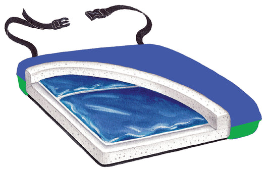 Blue and green cushion with a strap on a white background