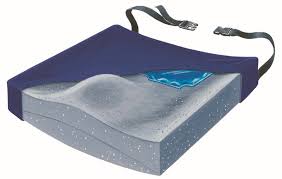 Wedge-shaped cushion with a blue top and gray bottom on a white background