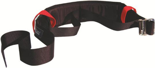 Black and red gait belt with a metal buckle on a white background