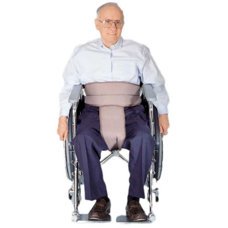 Man using a wheelchair with a support belt on a white background