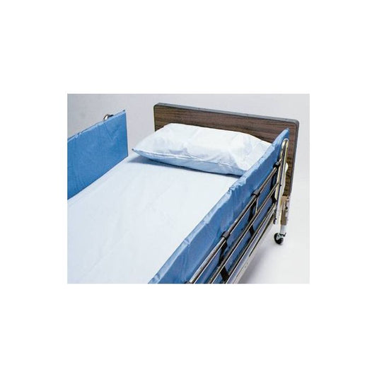 Hospital bed with blue railings and a pillow on a white background