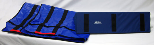 Blue and black mat with red accents on a white background