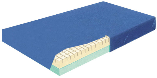 Cross-sectional view of a blue mattress with visible layers on a white background