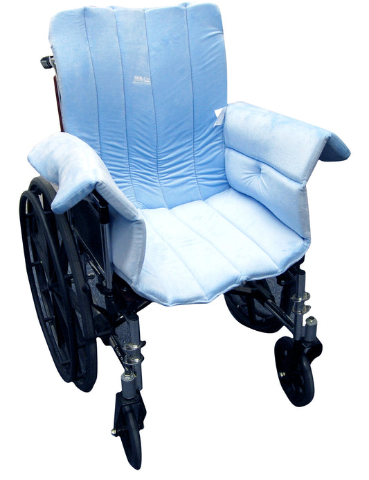 Wheelchair with blue and white cushion cover on a white background