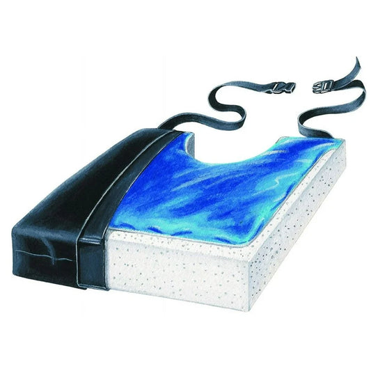 Cross-sectional view of a cushion with blue gel layer and black straps on a white background