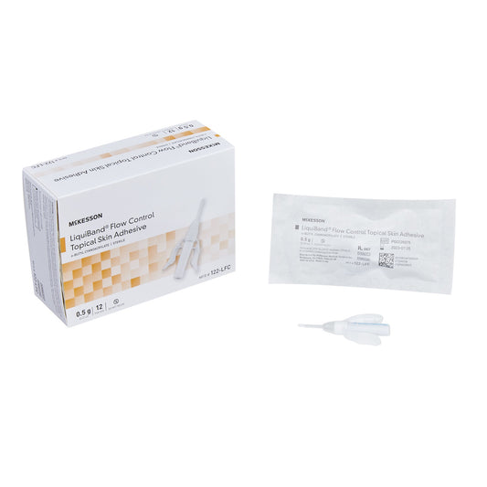 Box and single packet of McKesson LiquiBand Flow Control Topical Skin Adhesive on a white background