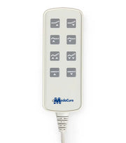 Control panel with buttons and 'MedaCure' branding on a white background