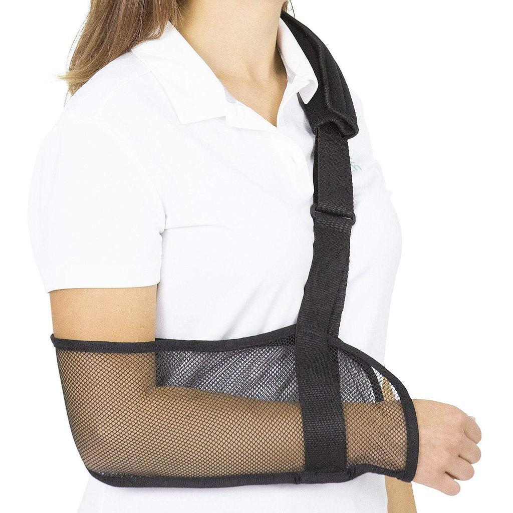 Person wearing a black arm sling on a white background