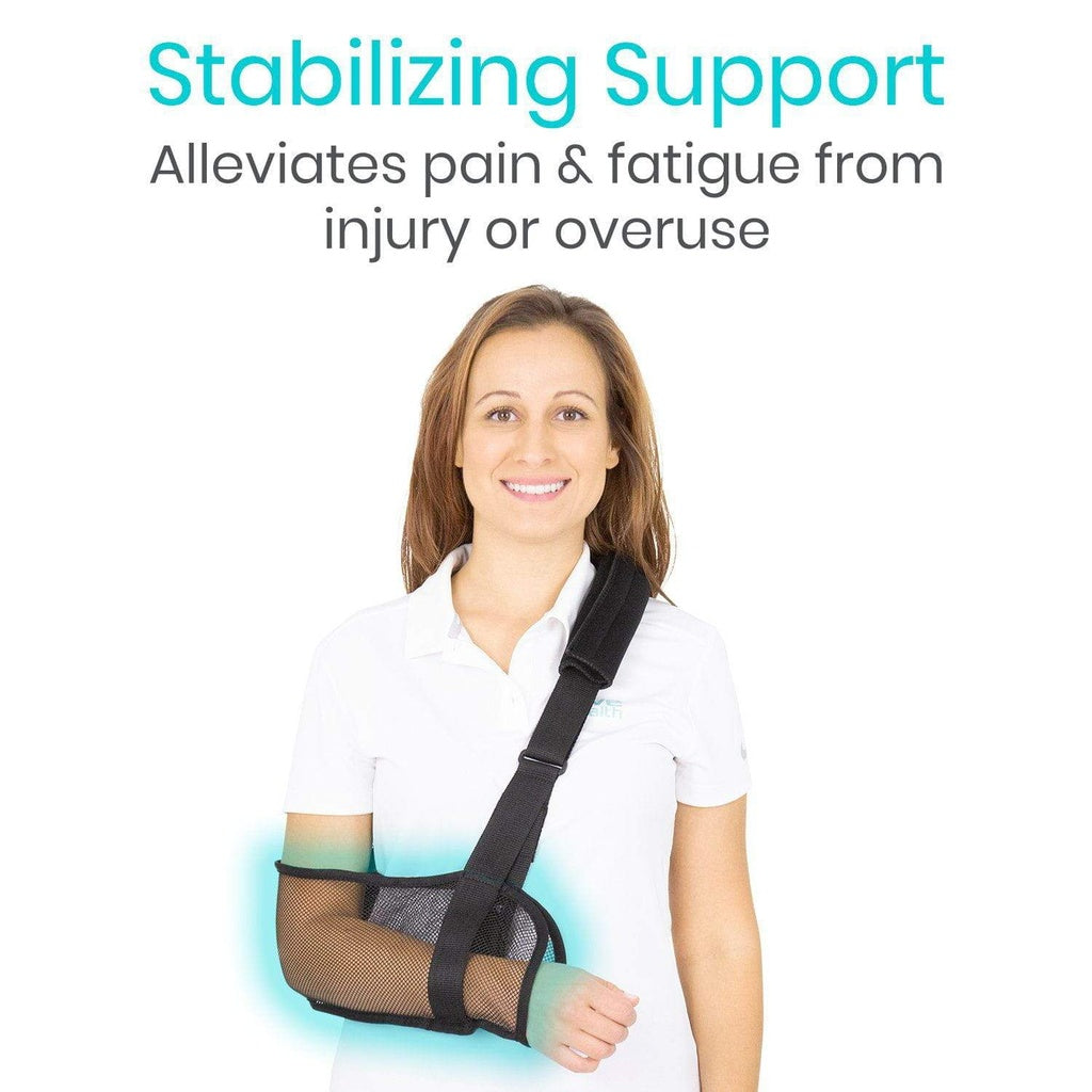 Woman wearing a shoulder brace with text about stabilizing support and pain relief.