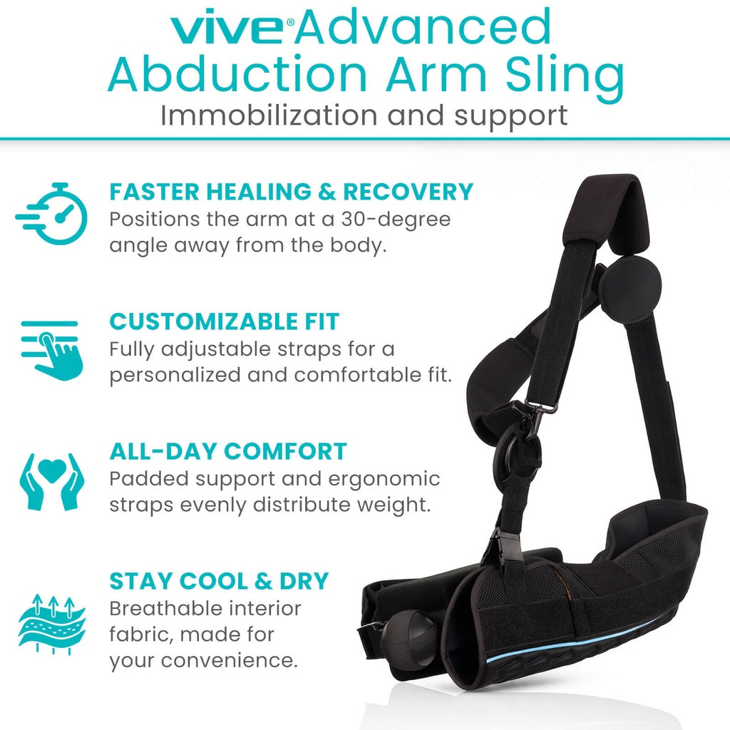 Vive Advanced Abduction Arm Sling with features listed on a white background