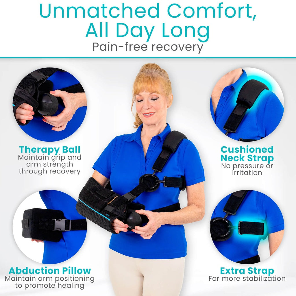 Woman wearing a shoulder brace with text highlighting features and benefits on a white background