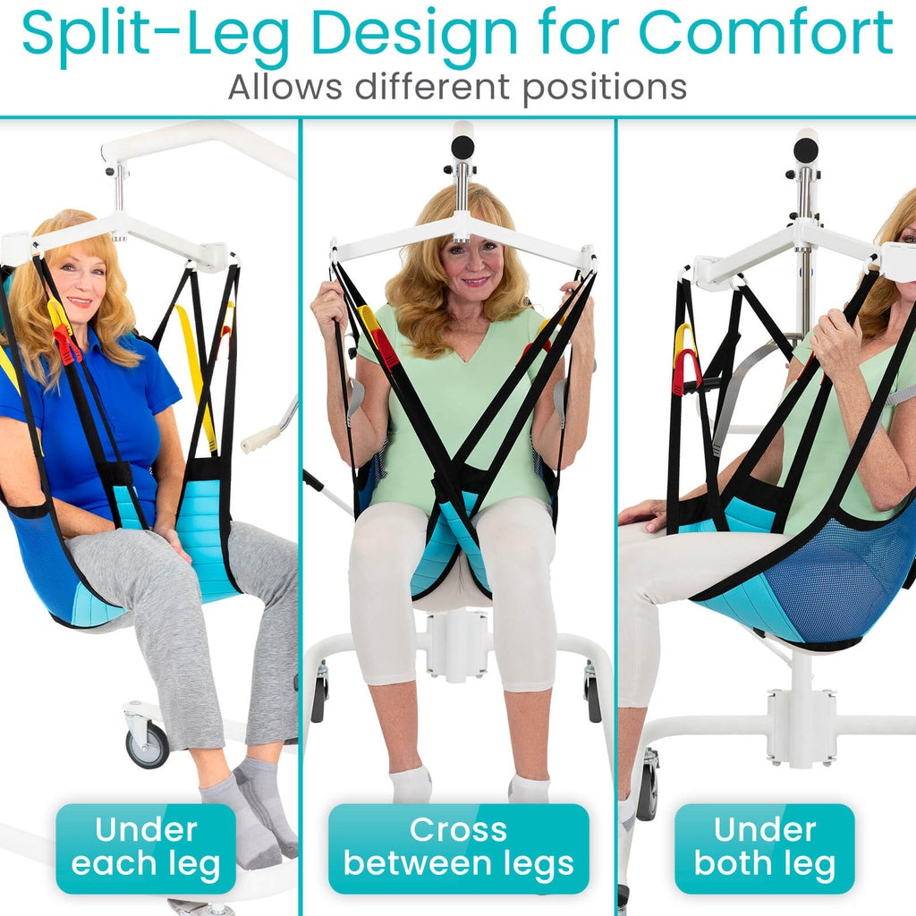 Hanging chair with split-leg design for comfort, showing different usage positions.