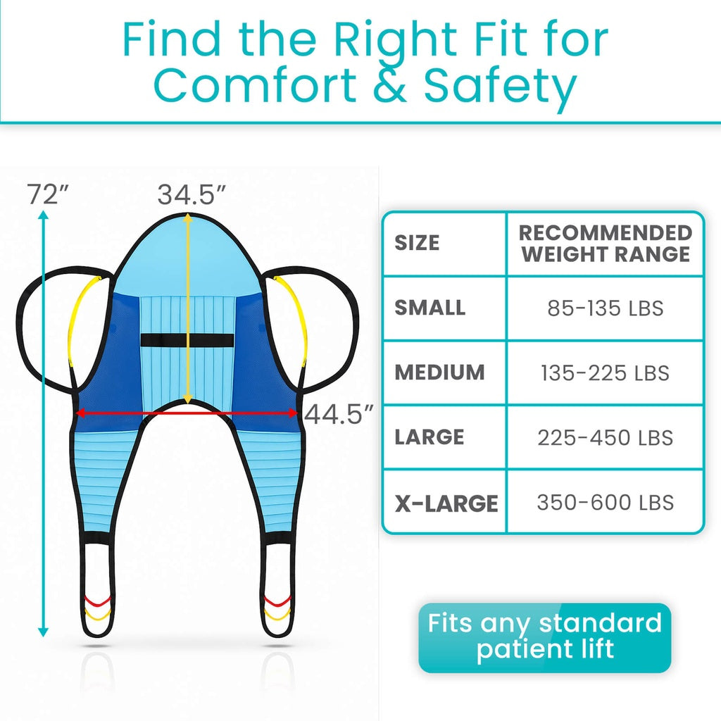 Measurement chart for patient lift sizing with dimensions and weight ranges.