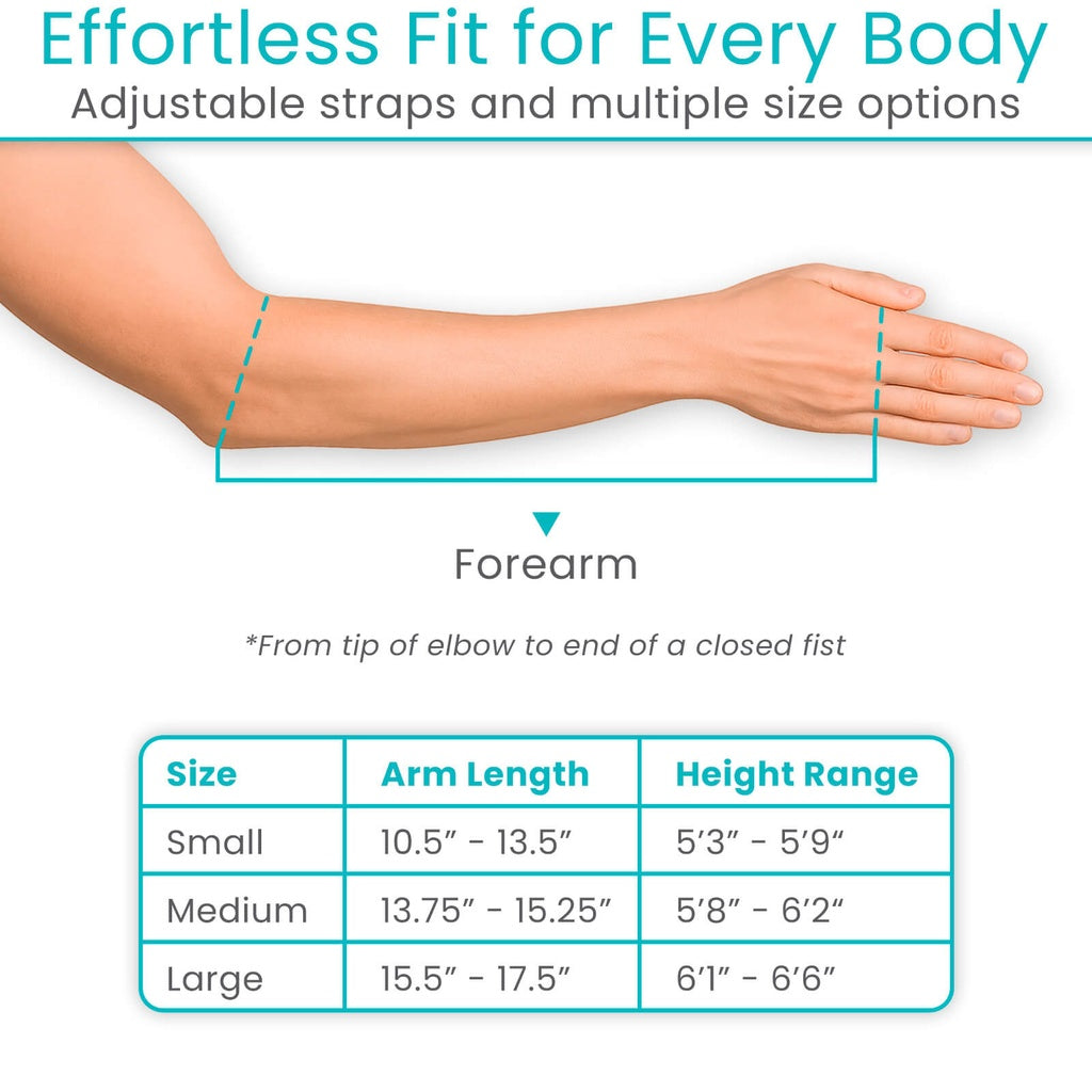 Illustration of a forearm with measurement guide and size chart for adjustable straps.