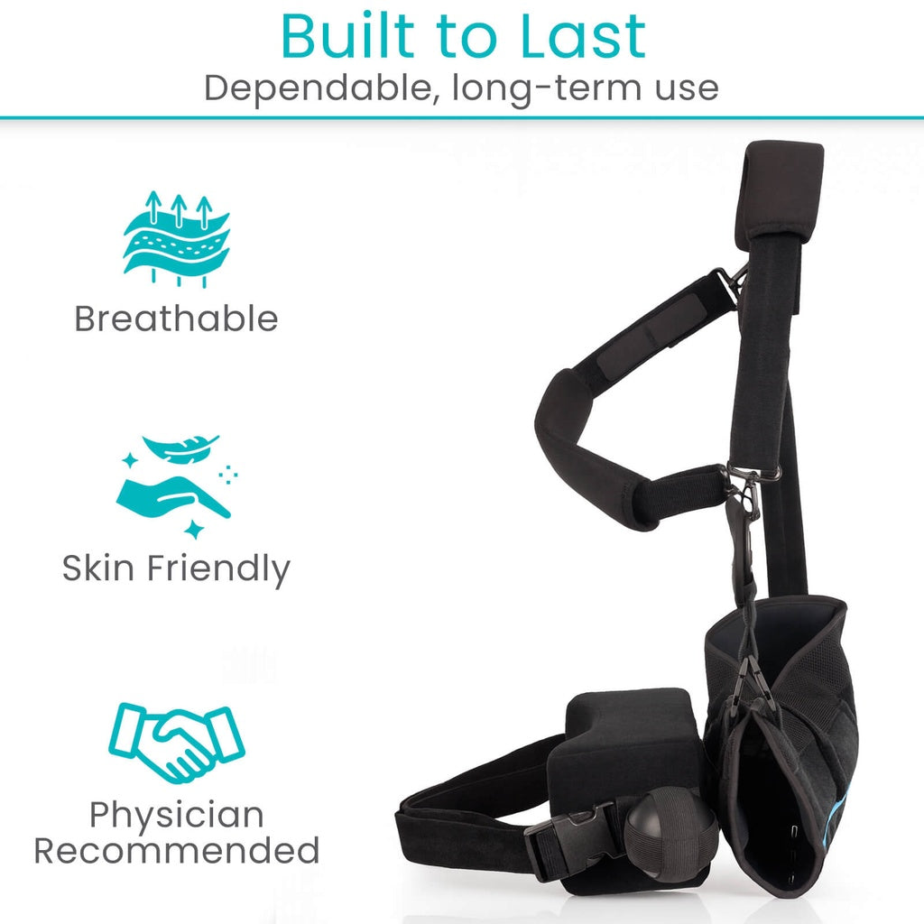 Black medical device with features listed on a white background