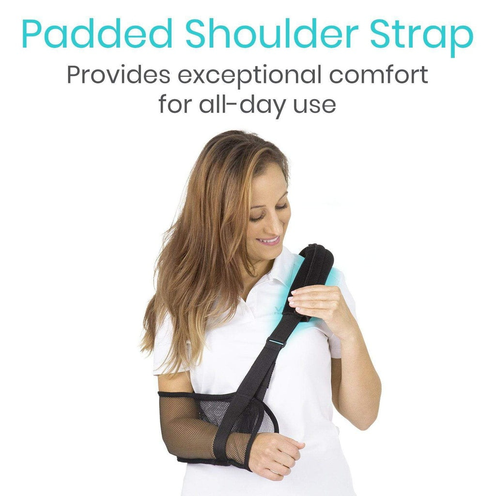 Woman wearing a padded shoulder strap with text highlighting comfort for all-day use.