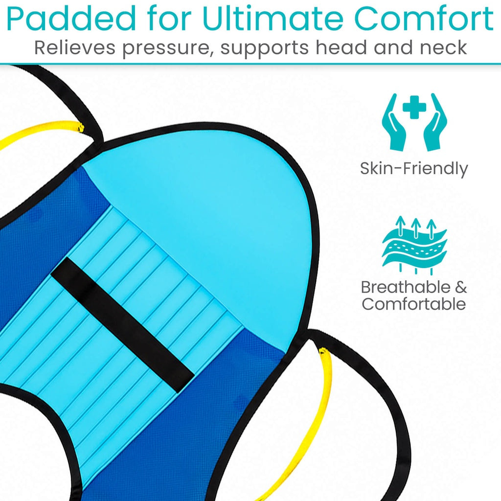 Illustration of a blue pillow with text and icons indicating comfort features on a white background.