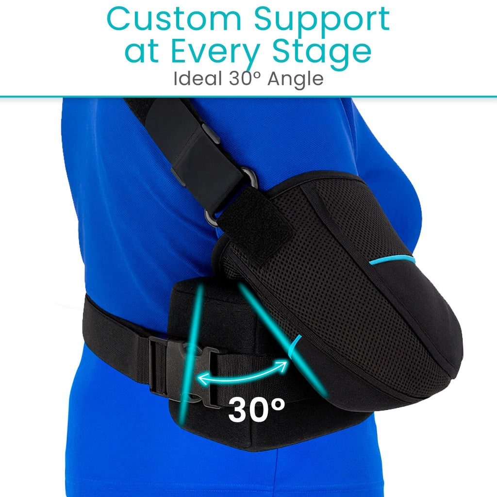 Black shoulder support brace with a blue background and text about custom support at every stage.