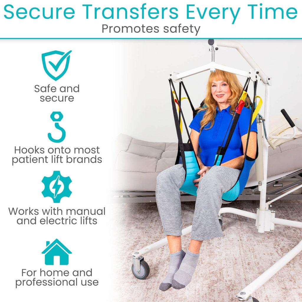 Person using a patient lift with safety features highlighted