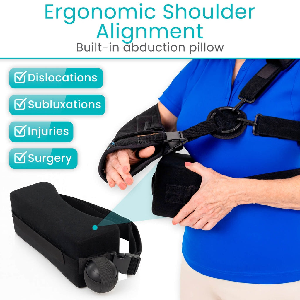 Ergonomic shoulder alignment device with text highlighting its benefits on a white background