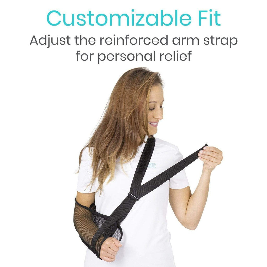 Woman adjusting a black arm brace with text about customizable fit on a white background