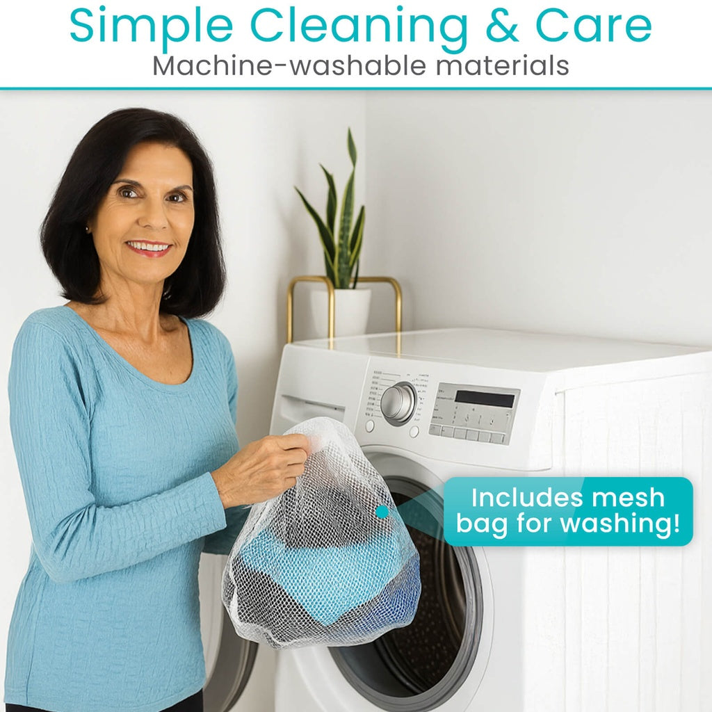 Woman holding a mesh bag in front of a washing machine with text about machine-washable materials.