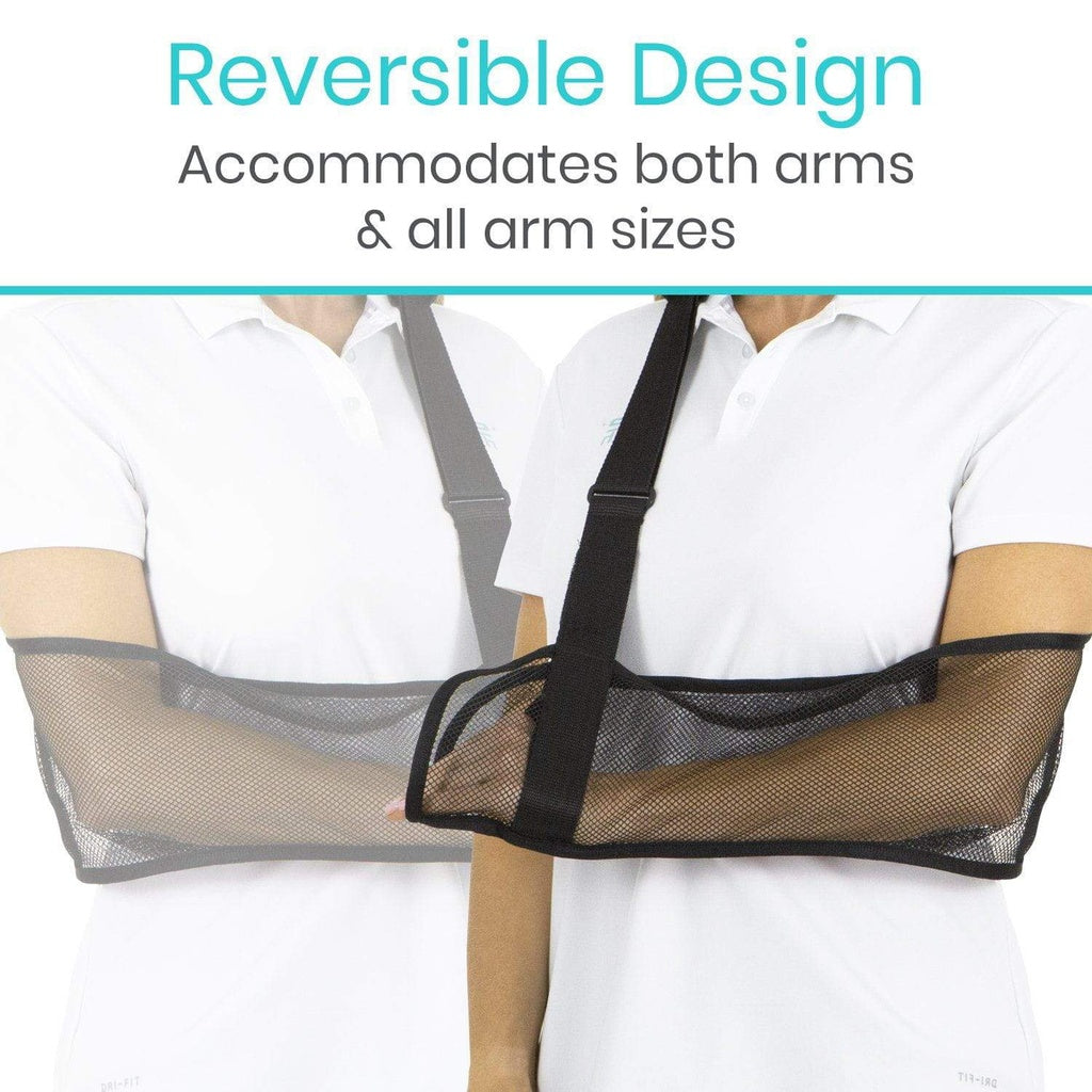 Person wearing a reversible arm sling with text highlighting its design features.