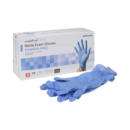 Box of confiderm nitrite exam gloves with a pair of gloves in front on a white background