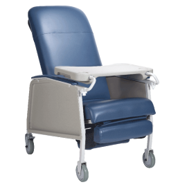 A blue and beige medical reclining chair with a white tray table and gray wheels, shown on a plain white background.