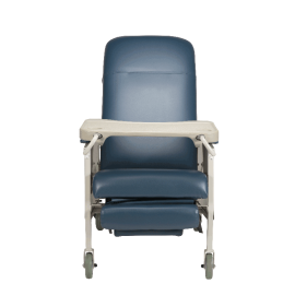 A blue upholstered medical-style chair with a light beige tray table and matching footrest, shown on a plain white background.