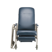 A blue upholstered medical or patient transfer chair with a padded backrest and seat, supported by a light gray metal frame with casters, shown on a plain white background.