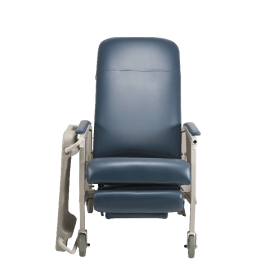 A blue upholstered medical or patient transfer chair with a padded backrest and seat, supported by a light gray metal frame with casters, shown on a plain white background.