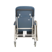 A medical transfer chair with a blue padded seat and backrest, featuring a silver metal frame and casters, shown from the rear against a white background.