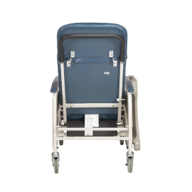 A medical transfer chair with a blue padded seat and backrest, featuring a silver metal frame and casters, shown from the rear against a white background.