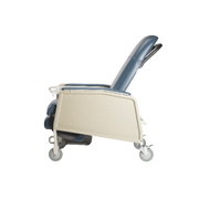 A medical reclining chair with a beige plastic side panel and casters, featuring a dark blue padded seat and backrest, shown from a side profile on a white background.