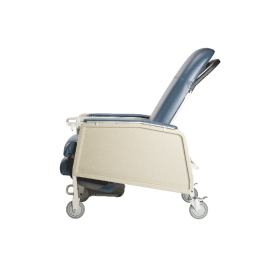 A medical reclining chair with a beige plastic side panel and casters, featuring a dark blue padded seat and backrest, shown from a side profile on a white background.