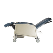 A medical gurney or patient transport bed with a beige padded frame, gray wheels, and dark blue padded head and footrest sections, shown on a plain white background.