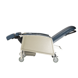 A medical gurney or patient transport bed with a beige padded frame, gray wheels, and dark blue padded head and footrest sections, shown on a plain white background.