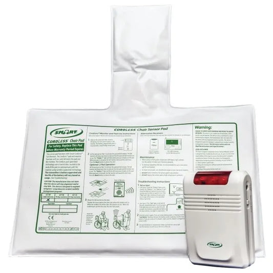 smart caregiver cordless chair safety pad with packaging and warning label on a white background