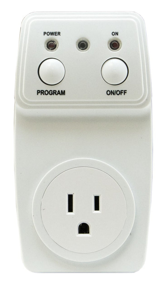 White electrical outlet with control buttons on a white background