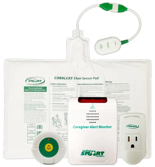 Smart Chair Sensor Pad with caregiver alert monitor on a white background