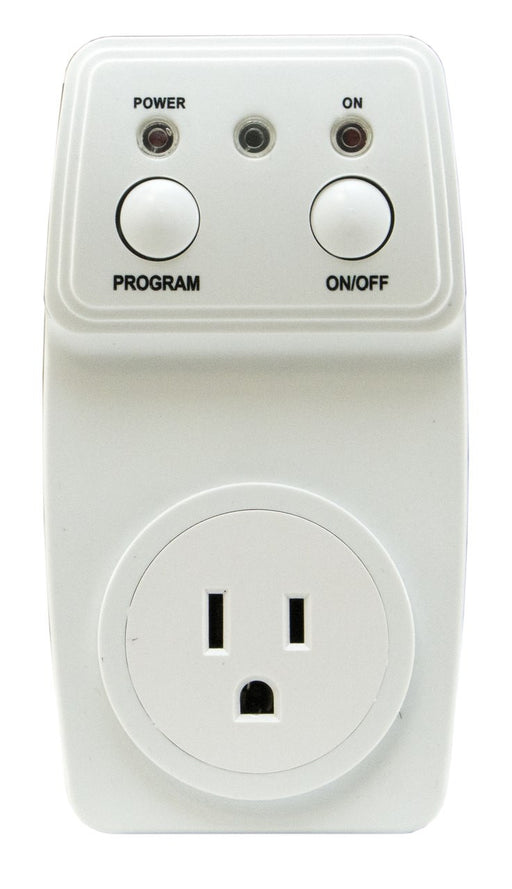 White electrical outlet with control buttons on a white background