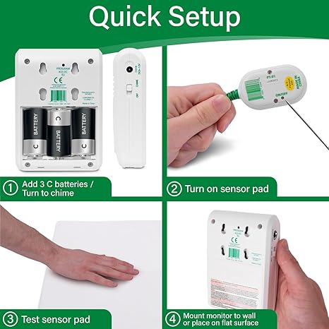 Step-by-step guide for setting up a device with batteries and sensor pad on a green background