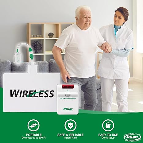 Woman assisting an elderly man with a medical device, featuring the Shure brand on a green banner.
